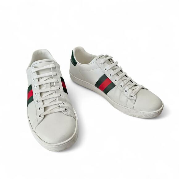 Gucci Ace Web Stripe Low Top Sneaker White Leather Green Red Size 40.5 US 10.5 - Picture 3 of 11